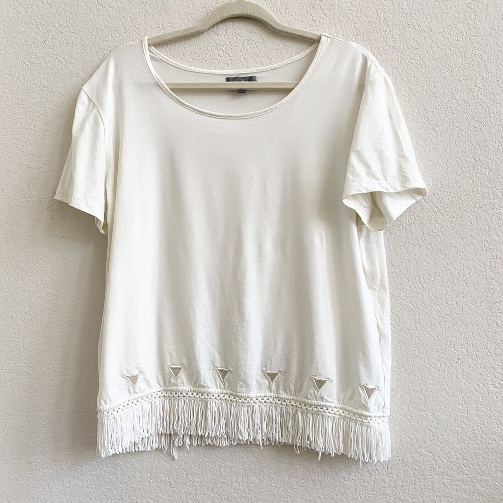 Neiman Marcus Cream Ivory Fringe Trim Stretch Knit Women's Top‎ Size L